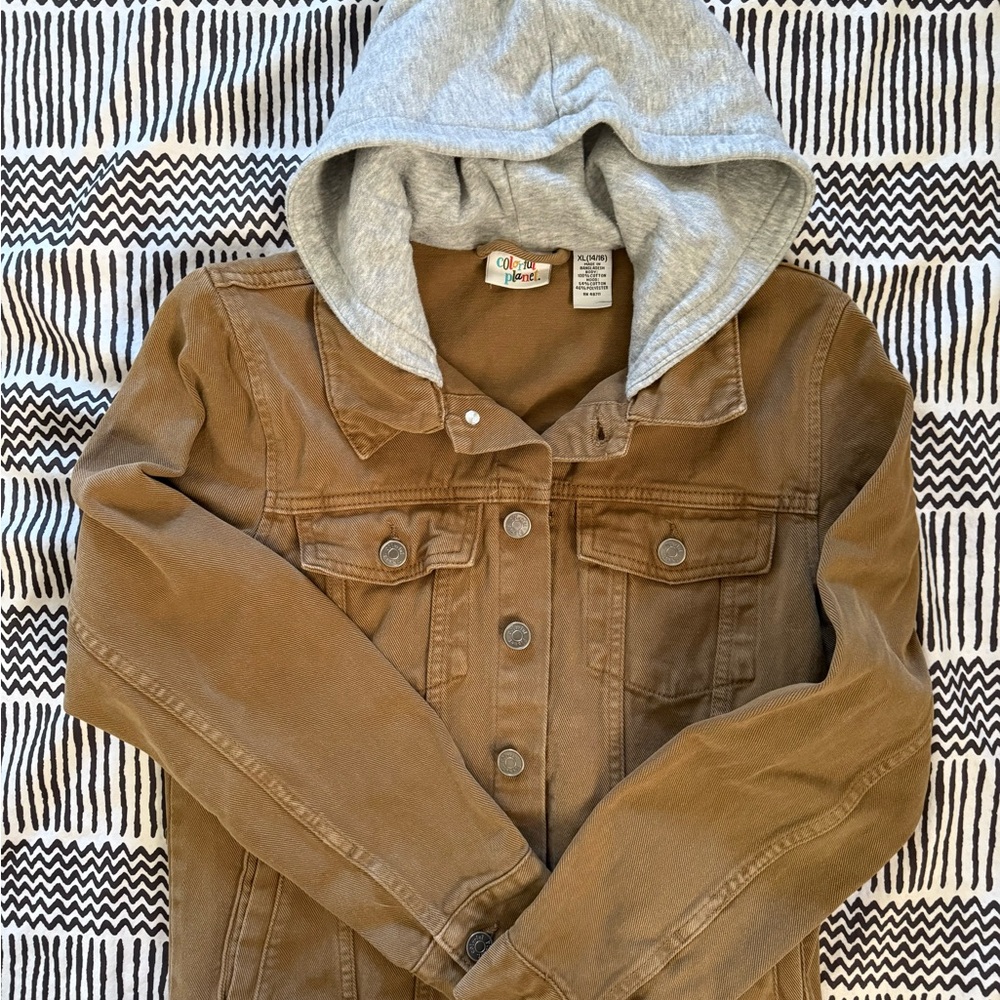 Brown and Gray Jean Jacket with Hood